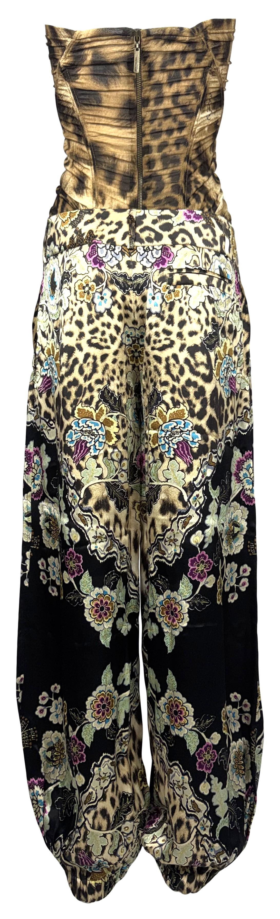 2003 Roberto Cavalli Sheer Strapless Mesh Leopard Bodysuit & Chinoiserie Print High Rise Baggy Harem Pants Set