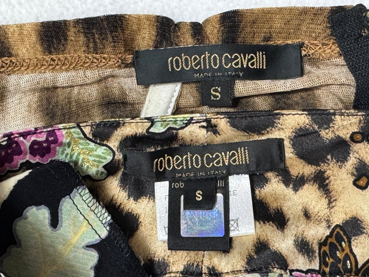2003 Roberto Cavalli Sheer Strapless Mesh Leopard Bodysuit & Chinoiserie Print High Rise Baggy Harem Pants Set