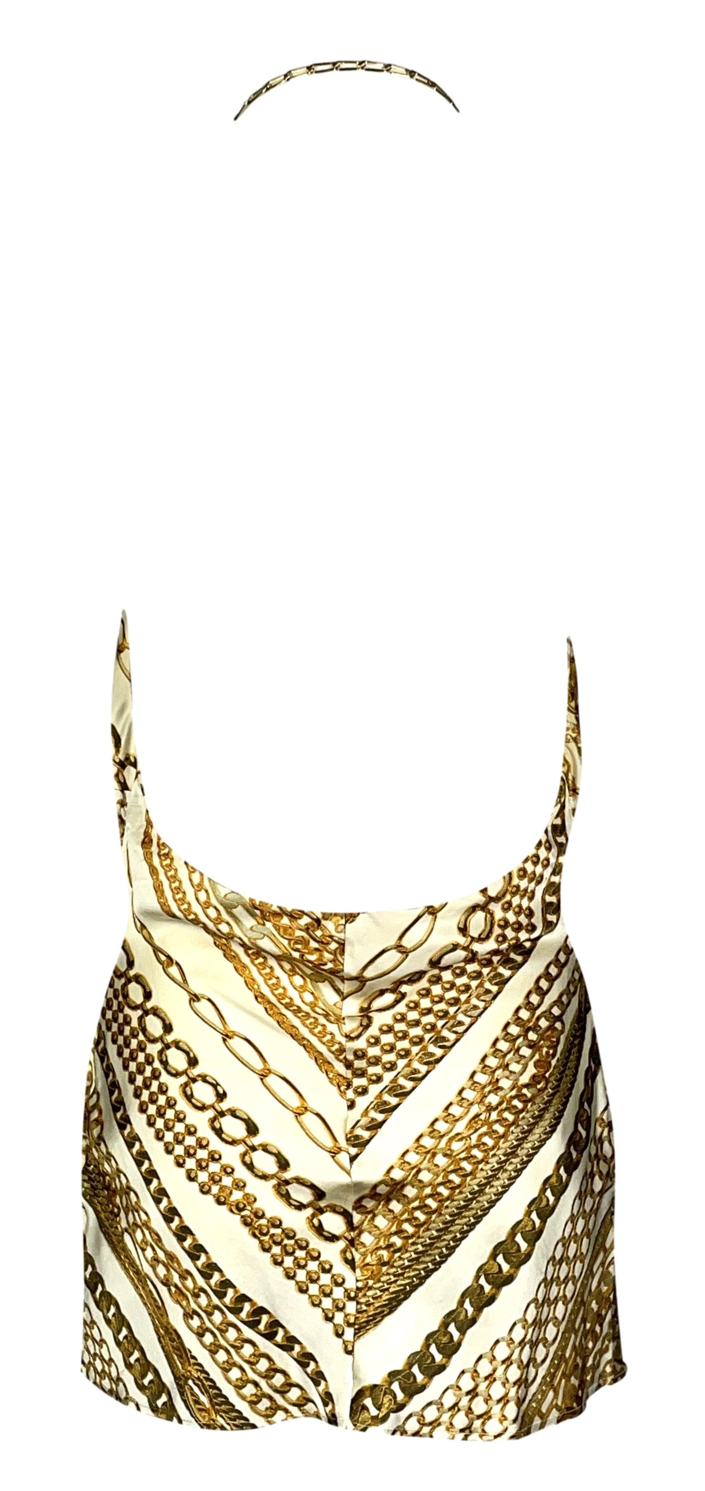 2003 Roberto Cavalli Ivory Silk Gold Chain Print Necklace Halter Micro Mini Dress Top