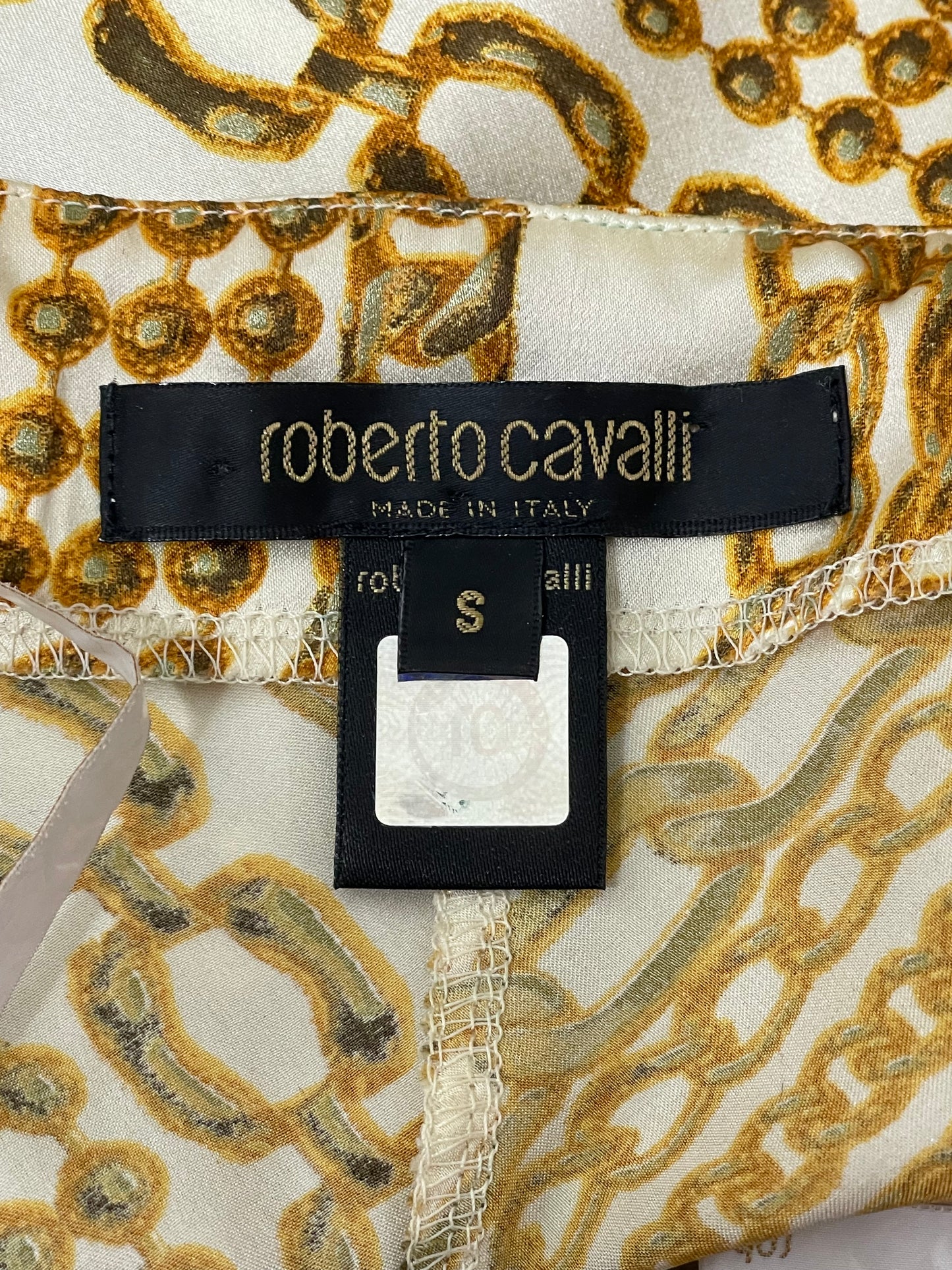 2003 Roberto Cavalli Ivory Silk Gold Chain Print Necklace Halter Micro Mini Dress Top