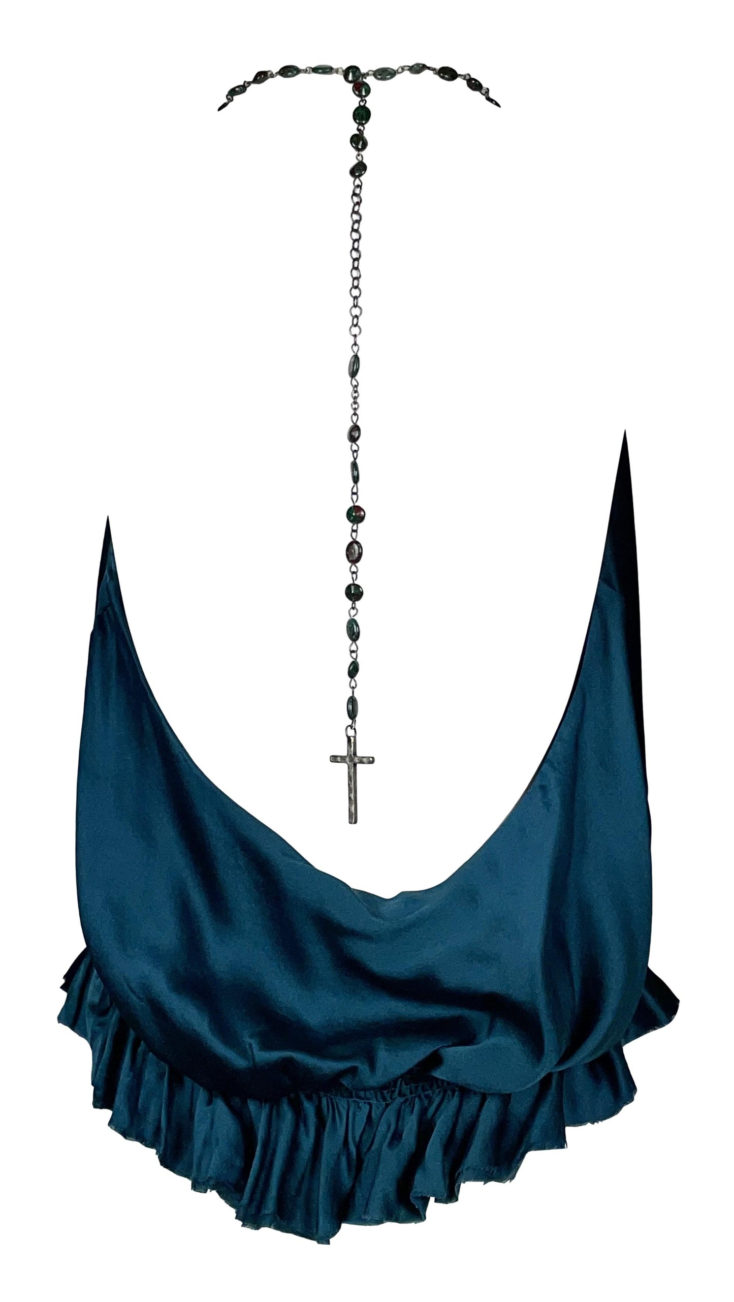 S/S 2003 Alexander McQueen Teal Silk Tattered Pirate Rosary Cross Necklace Plunging Top