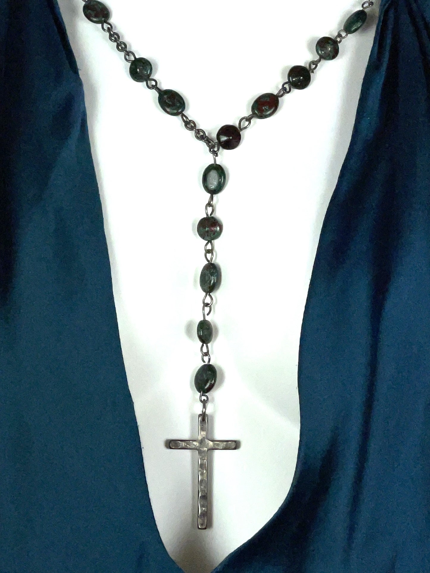 S/S 2003 Alexander McQueen Teal Silk Tattered Pirate Rosary Cross Necklace Plunging Top