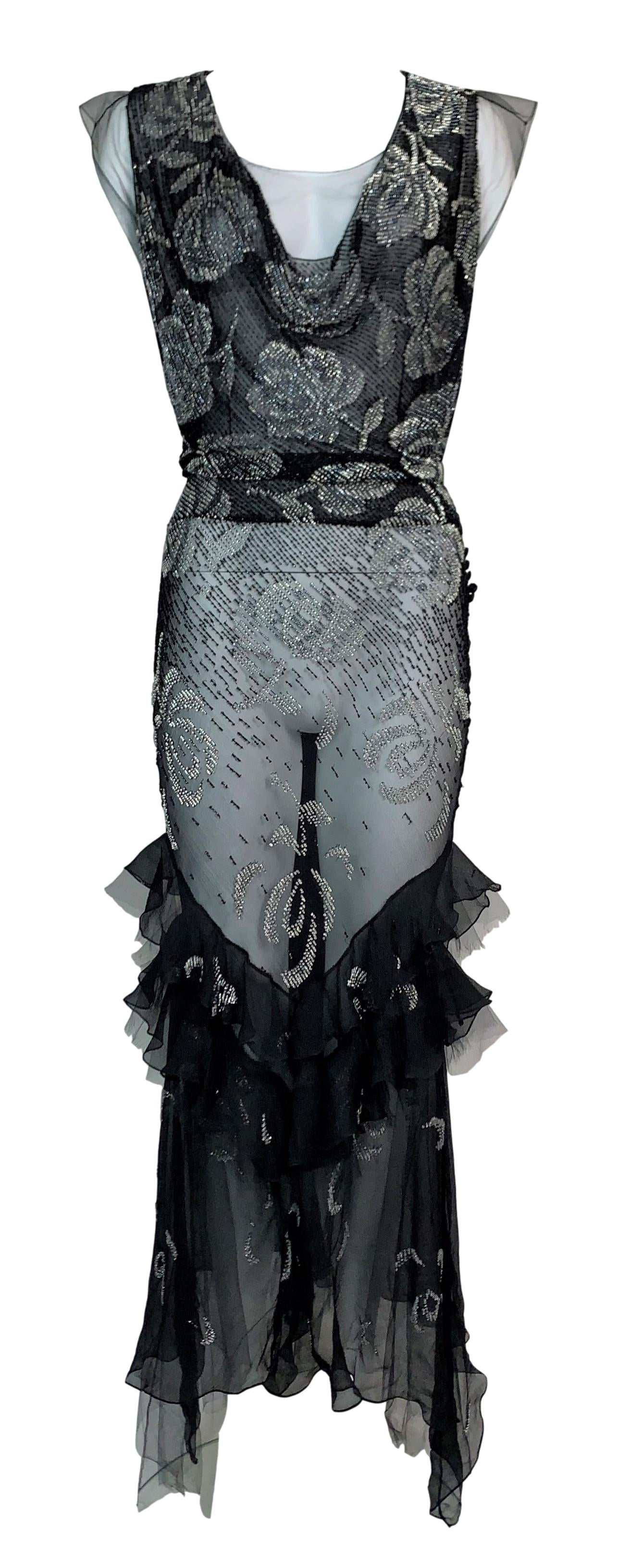 F/W 2003 Christian Dior by John Galliano 20's Style Sheer Beaded Black Mesh Dress