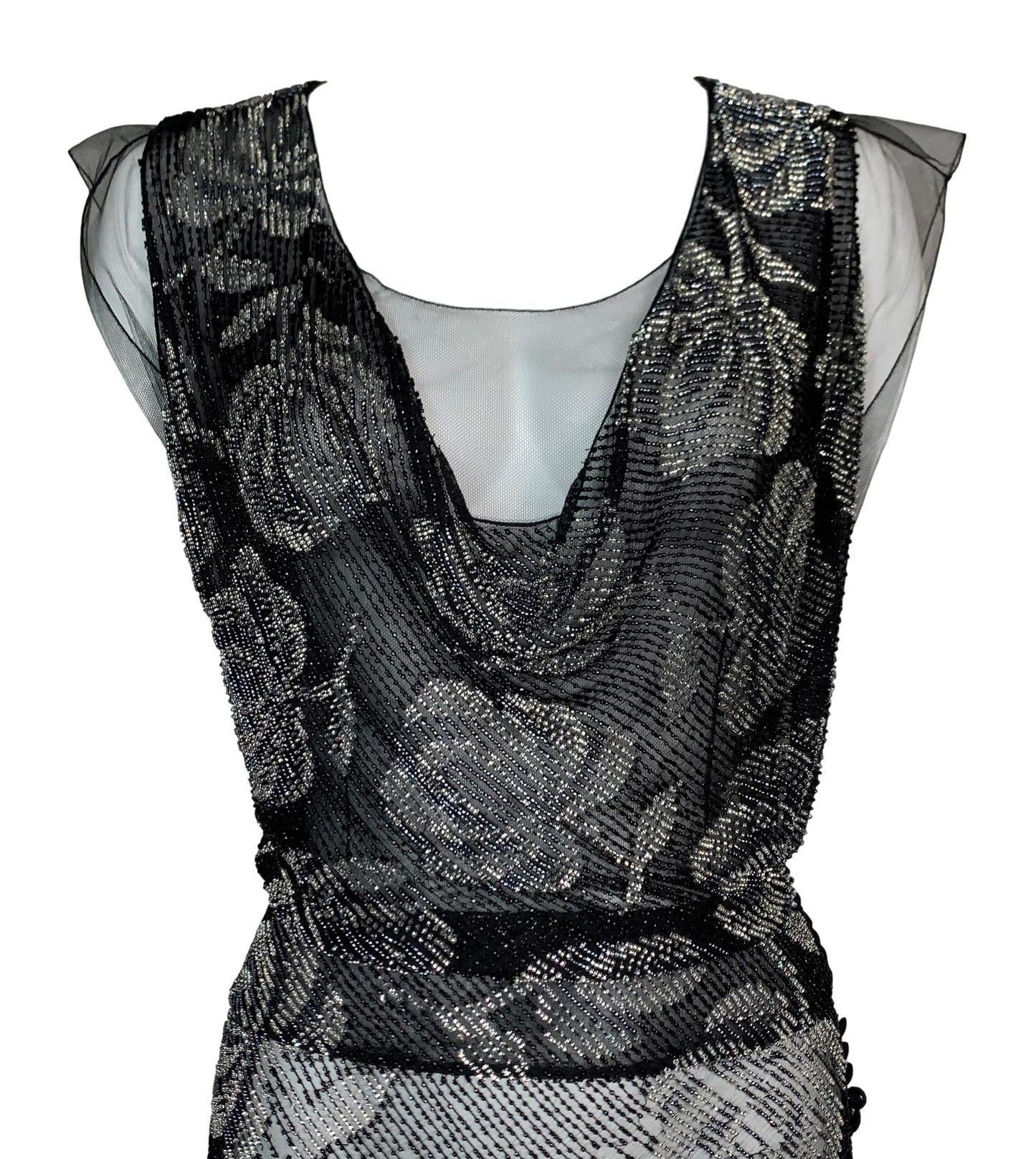 F/W 2003 Christian Dior by John Galliano 20's Style Sheer Beaded Black Mesh Dress