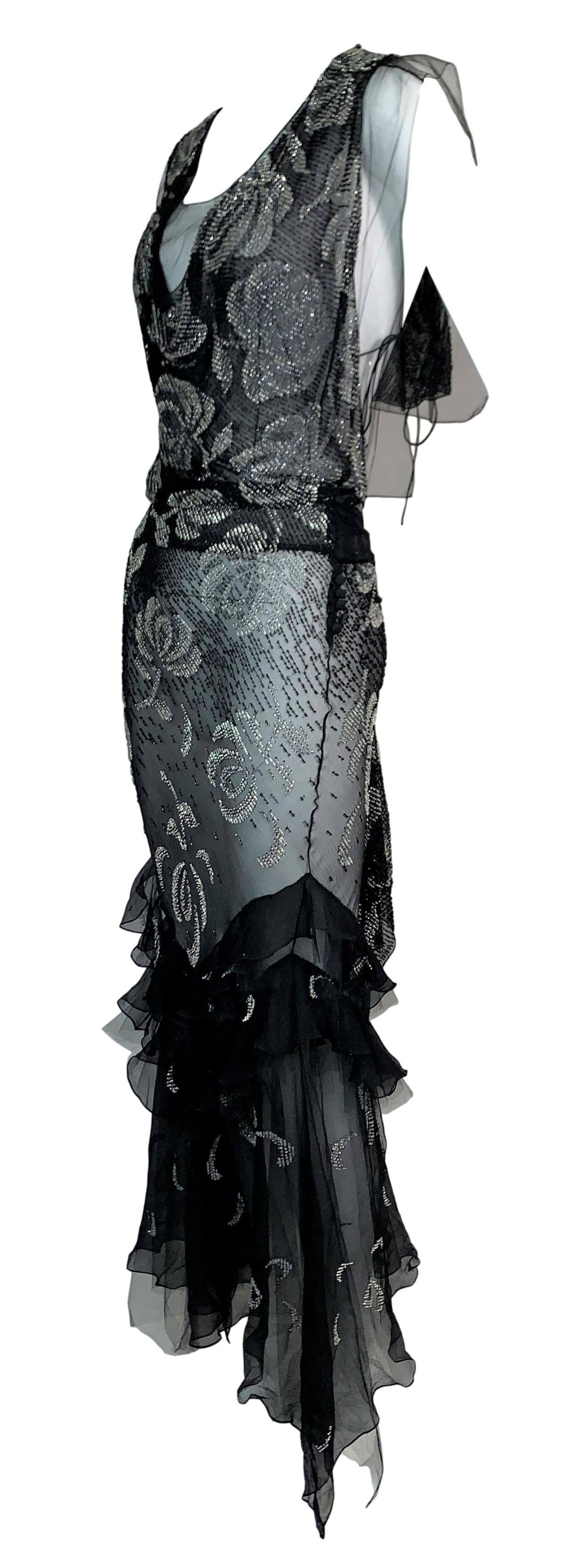 F/W 2003 Christian Dior by John Galliano 20's Style Sheer Beaded Black Mesh Dress