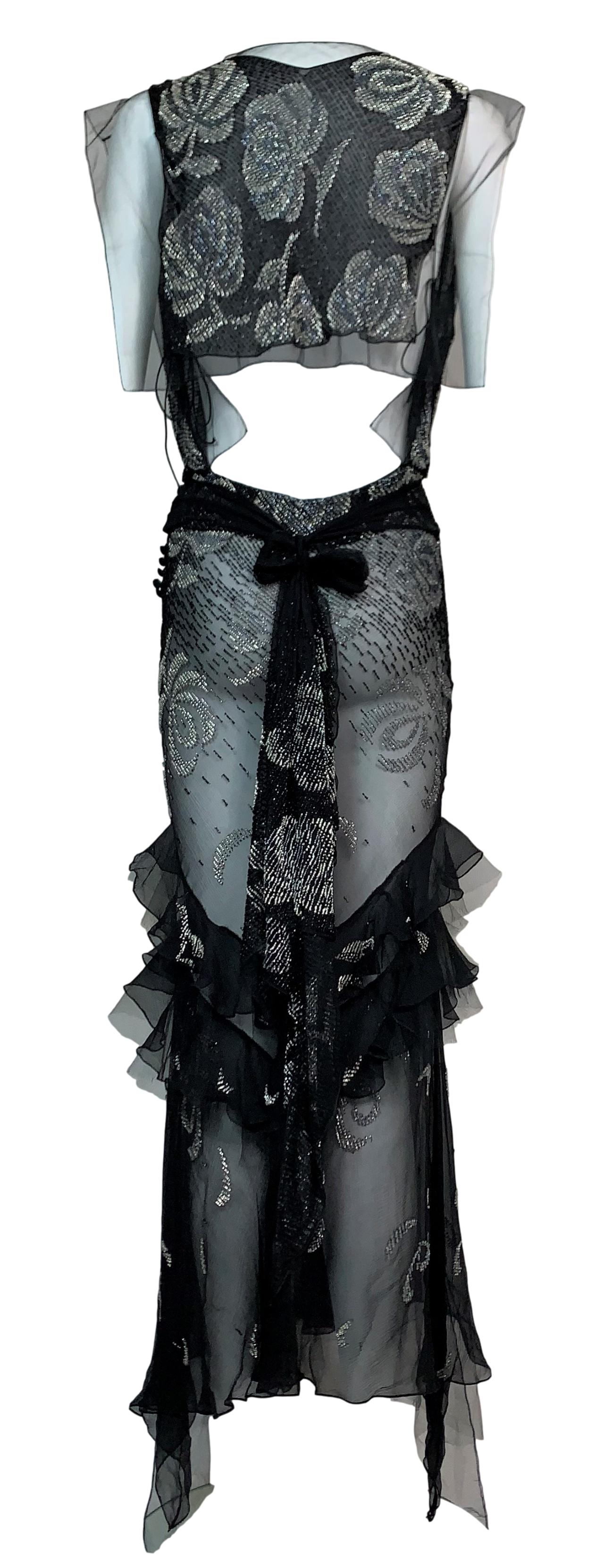 F/W 2003 Christian Dior by John Galliano 20's Style Sheer Beaded Black Mesh Dress