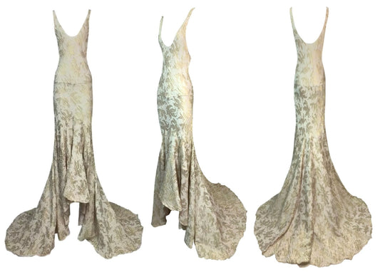 S/S 2003 Christian Dior by John Galliano Gold Filigree Plunging Gown Dress w Train