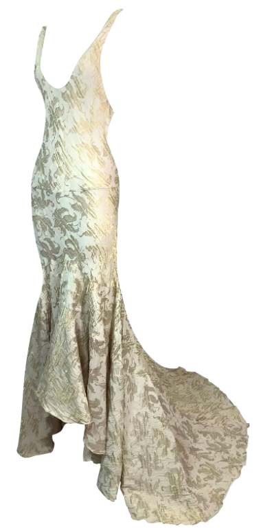 S/S 2003 Christian Dior by John Galliano Gold Filigree Plunging Gown Dress w Train