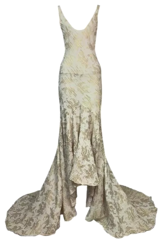 S/S 2003 Christian Dior by John Galliano Gold Filigree Plunging Gown Dress w Train