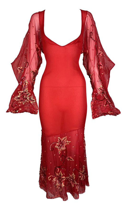 S/S 2003 Christian Dior by John Galliano Haute Couture Plunging Red Silk Embellished Maxi Dress