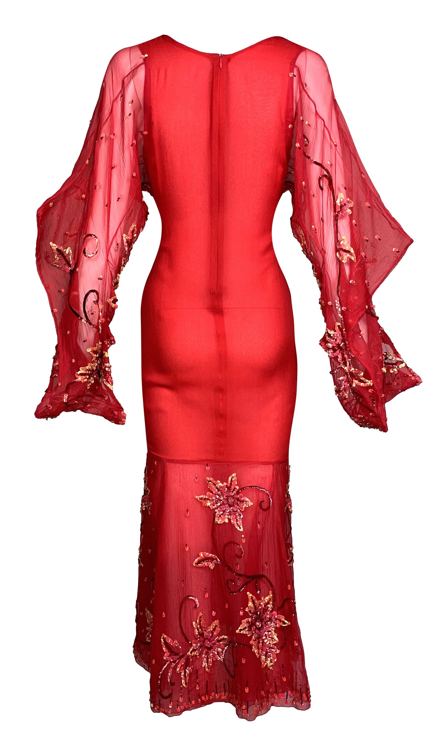 S/S 2003 Christian Dior by John Galliano Haute Couture Plunging Red Silk Embellished Maxi Dress