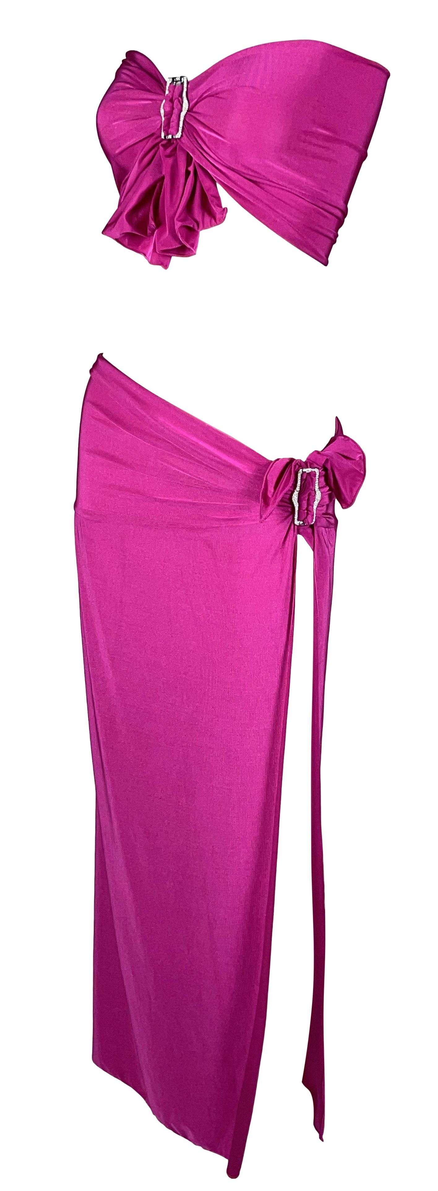 2003 Christian Dior by John Galliano Hot Pink Crystal Buckle Crop Top & Maxi Skirt Set