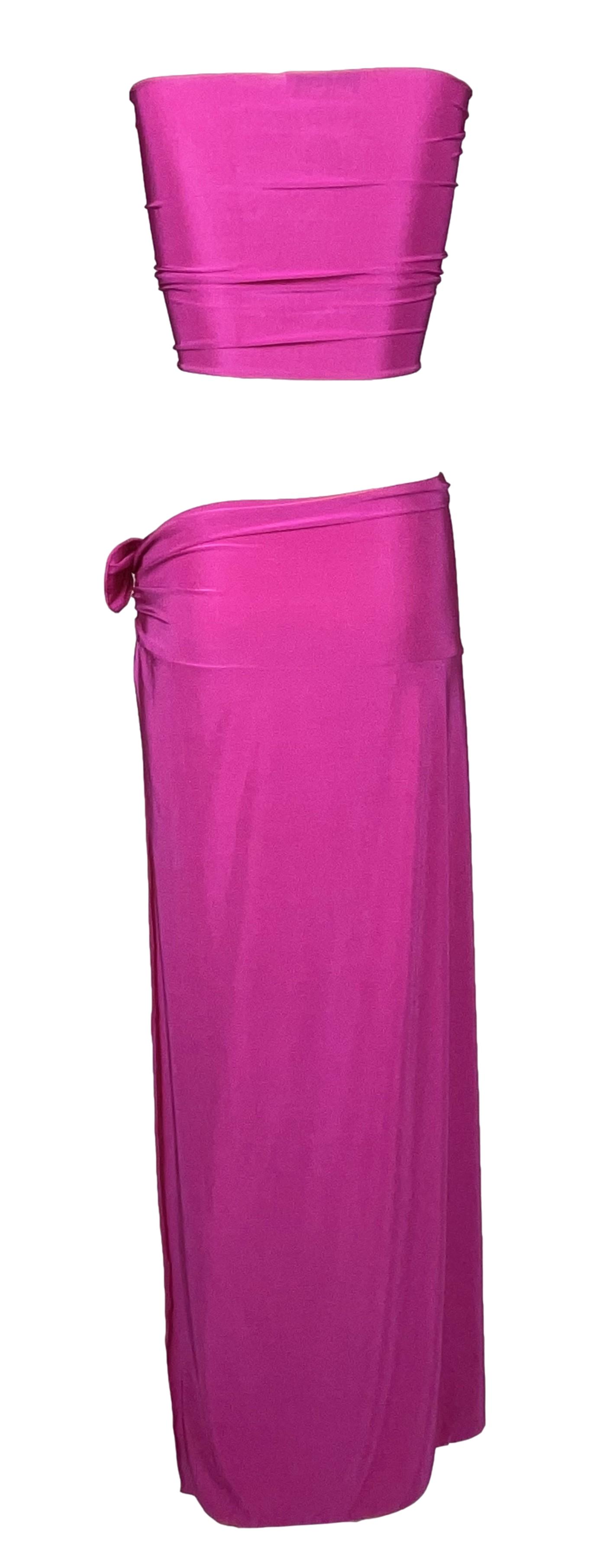 2003 Christian Dior by John Galliano Hot Pink Crystal Buckle Crop Top & Maxi Skirt Set