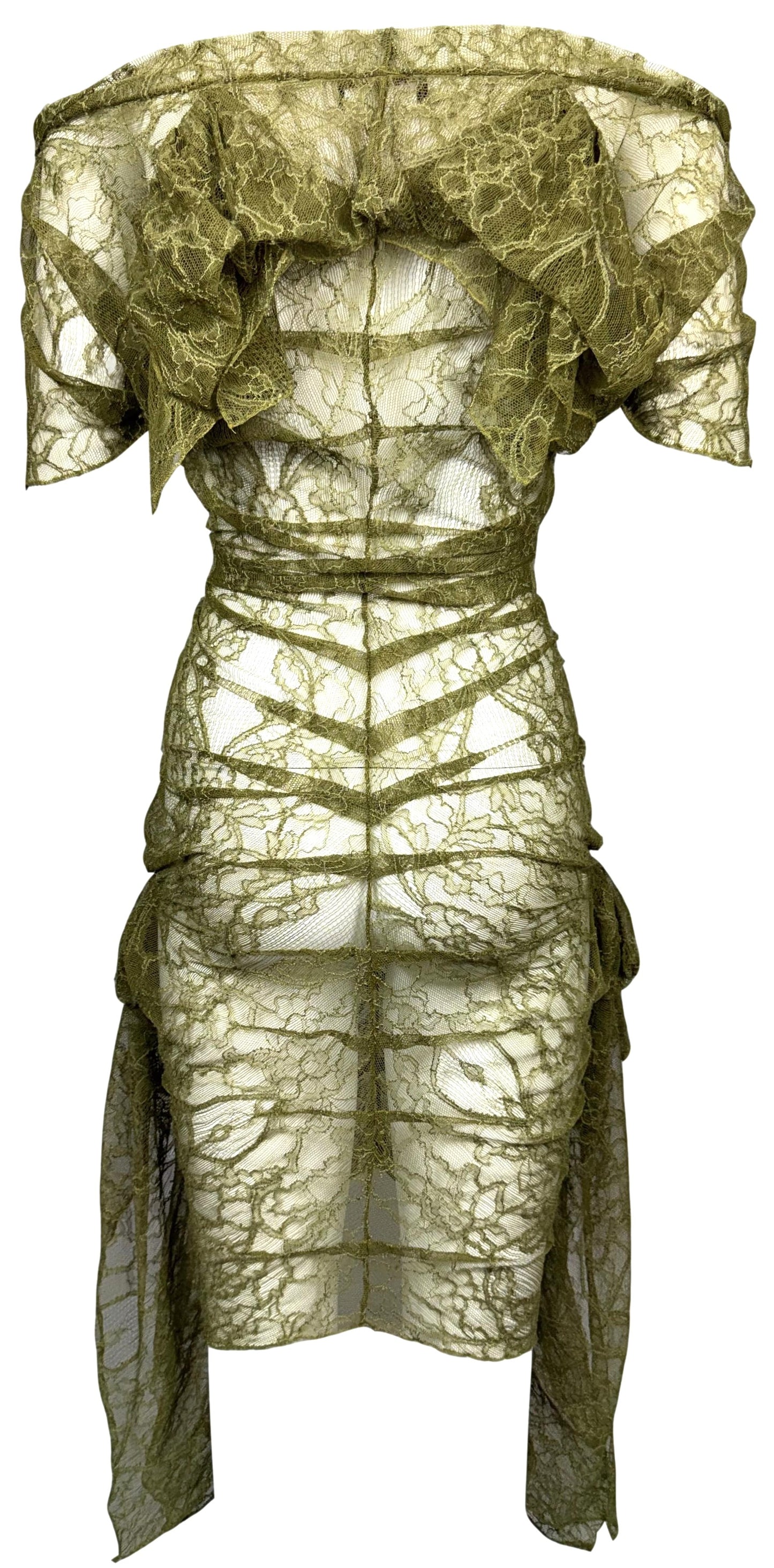 S/S 2003 Christian Dior x John Galliano Runway Sheer Green Lace Off Shoulder Sexy Mini Dress
