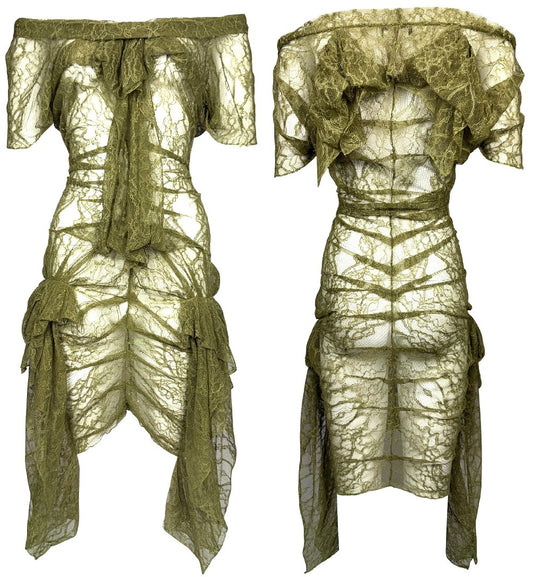 S/S 2003 Christian Dior x John Galliano Runway Sheer Green Lace Off Shoulder Sexy Mini Dress