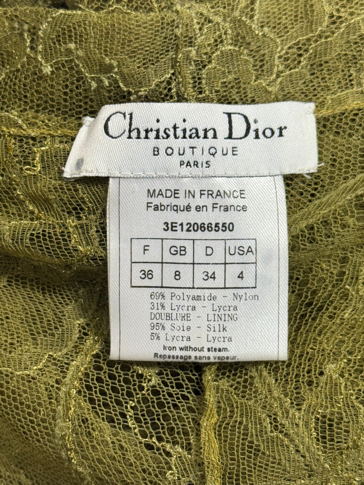 S/S 2003 Christian Dior x John Galliano Runway Sheer Green Lace Off Shoulder Sexy Mini Dress