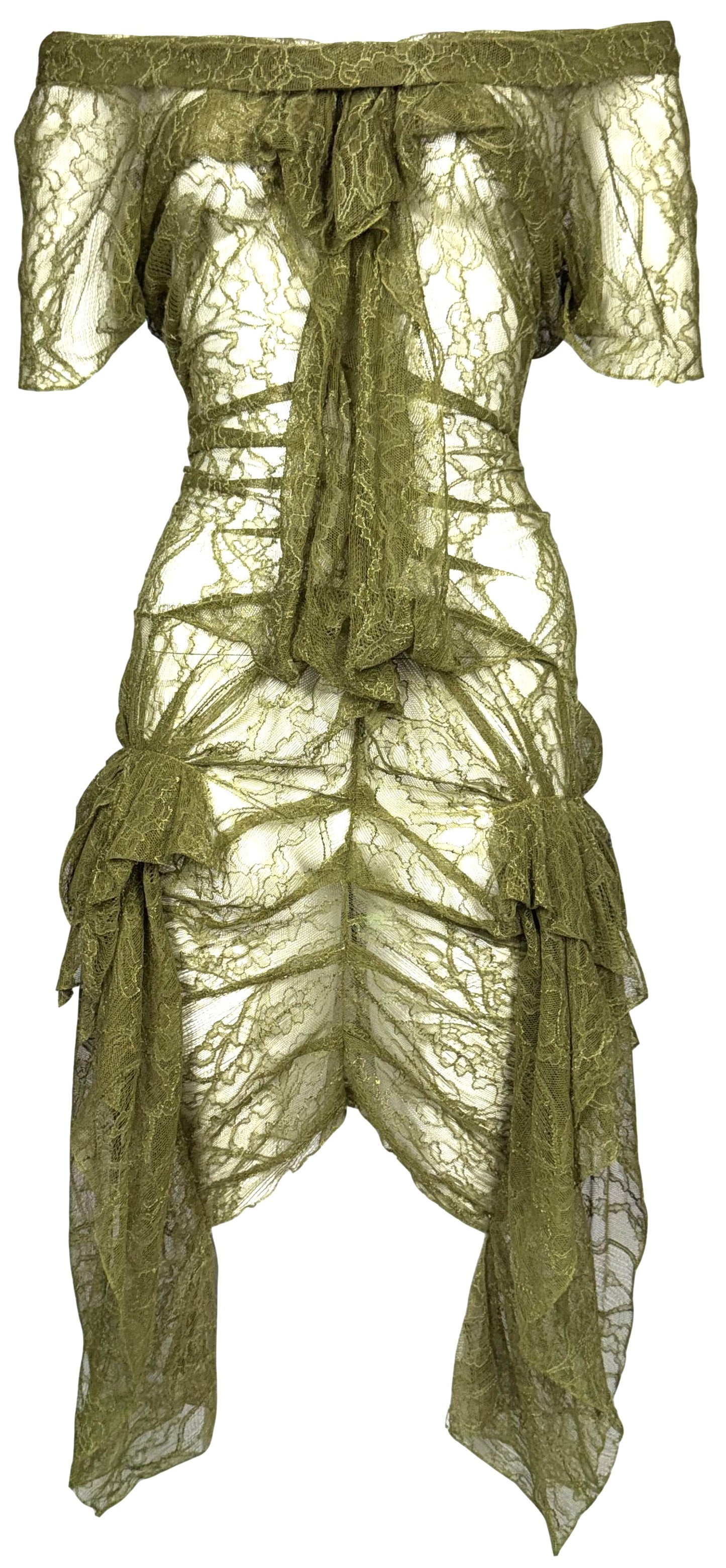 S/S 2003 Christian Dior x John Galliano Runway Sheer Green Lace Off Shoulder Sexy Mini Dress