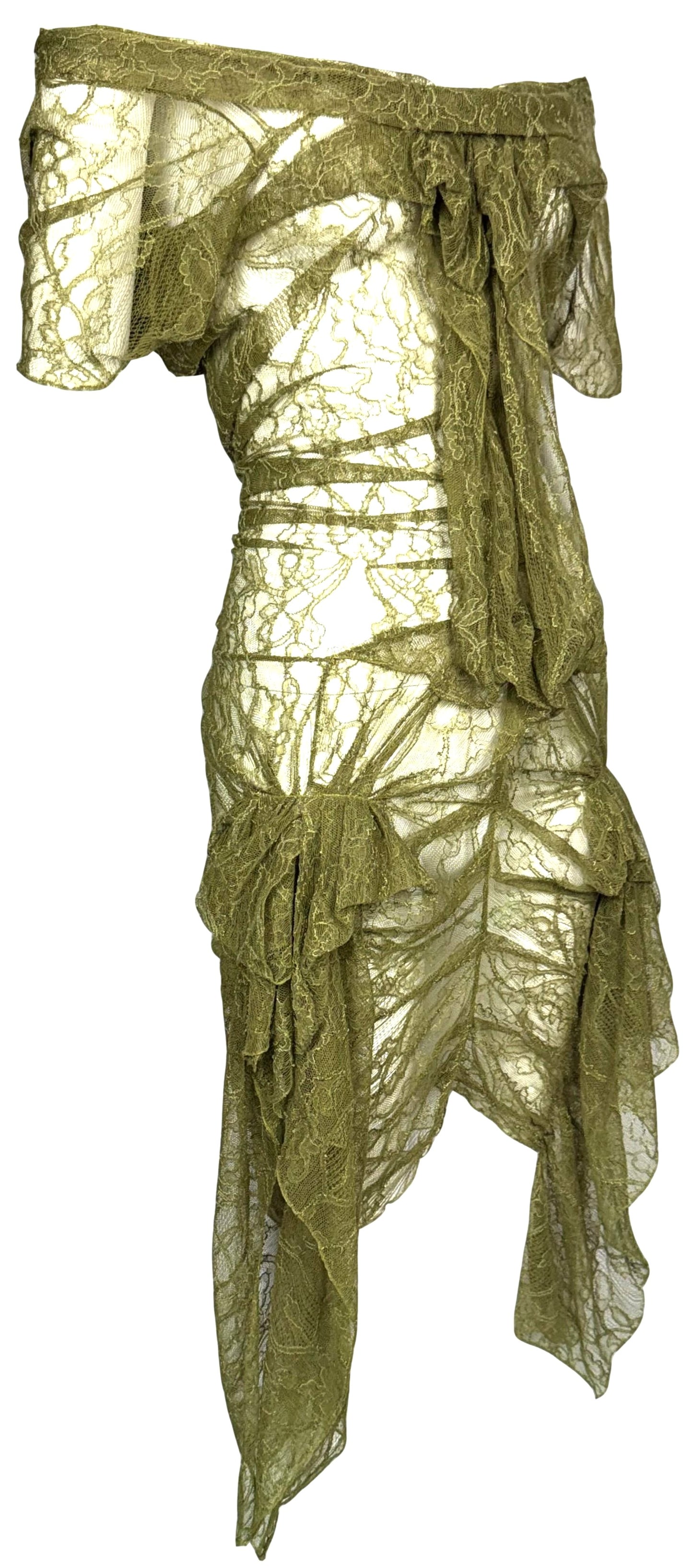 S/S 2003 Christian Dior x John Galliano Runway Sheer Green Lace Off Shoulder Sexy Mini Dress
