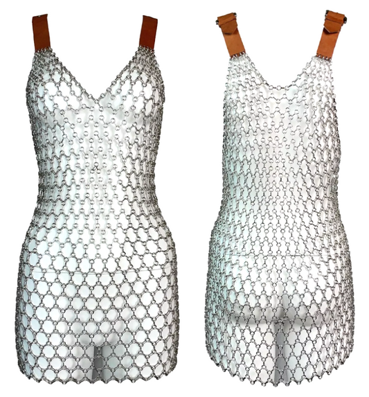 S/S 2003 Dolce & Gabbana Silver Chainmail Metal Mesh Leather Buckle Straps Mini Dress