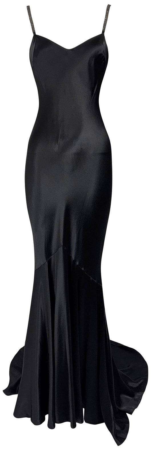 S/S 2003 John Galliano Black Satin Crystal Straps Mermaid Gown Dress w Train