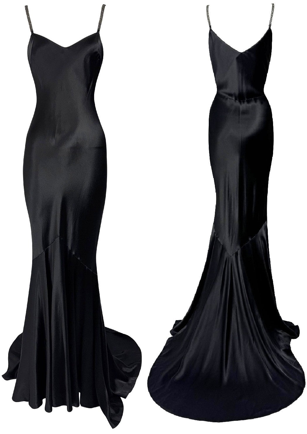 S/S 2003 John Galliano Black Satin Crystal Straps Mermaid Gown Dress w Train