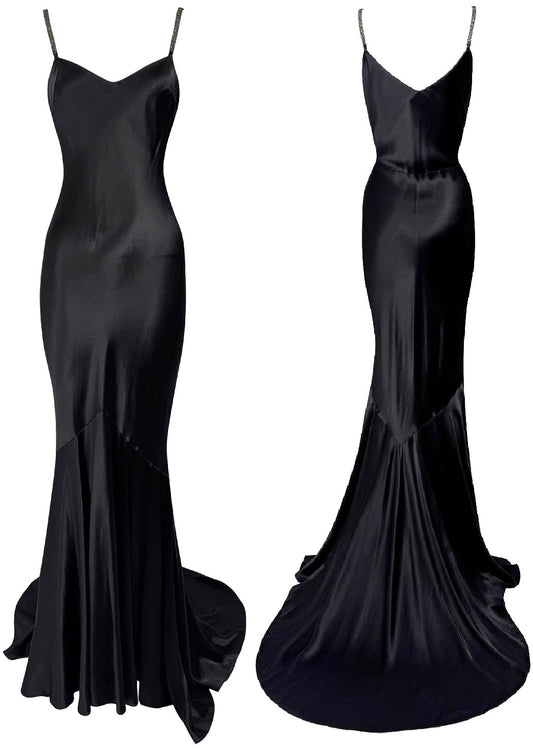 S/S 2003 John Galliano Black Satin Crystal Straps Mermaid Gown Dress w Train