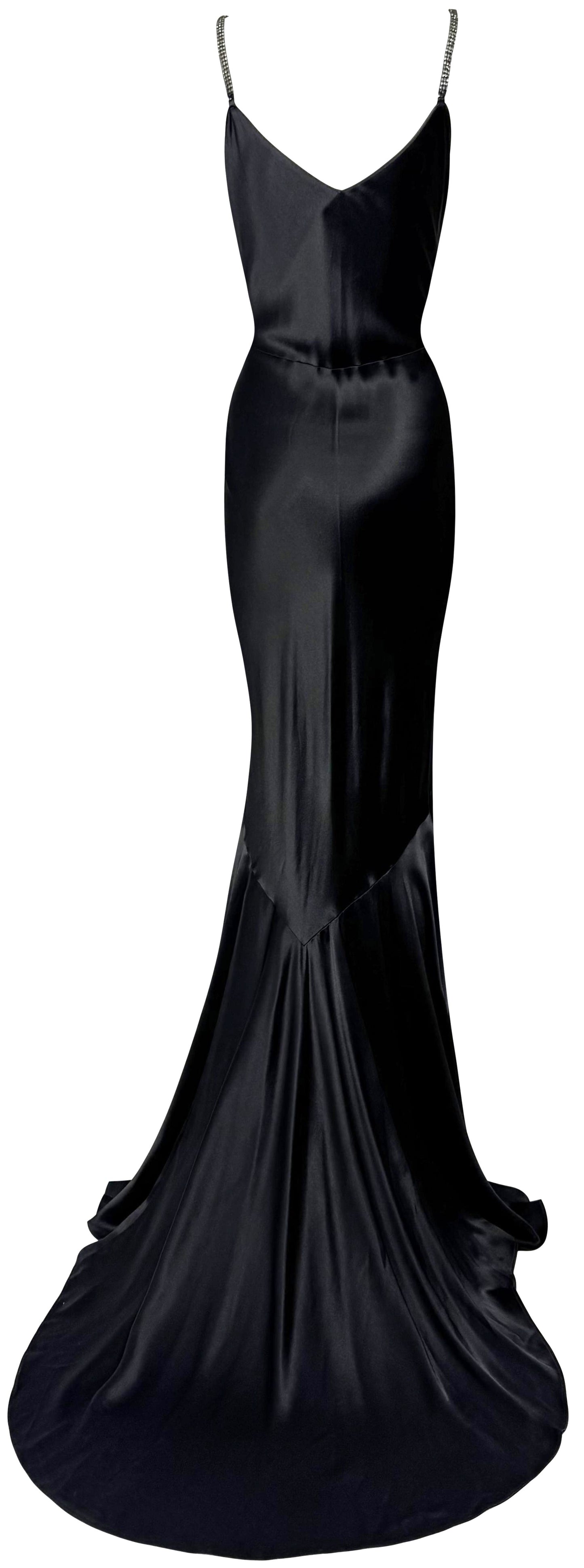 S/S 2003 John Galliano Black Satin Crystal Straps Mermaid Gown Dress w Train