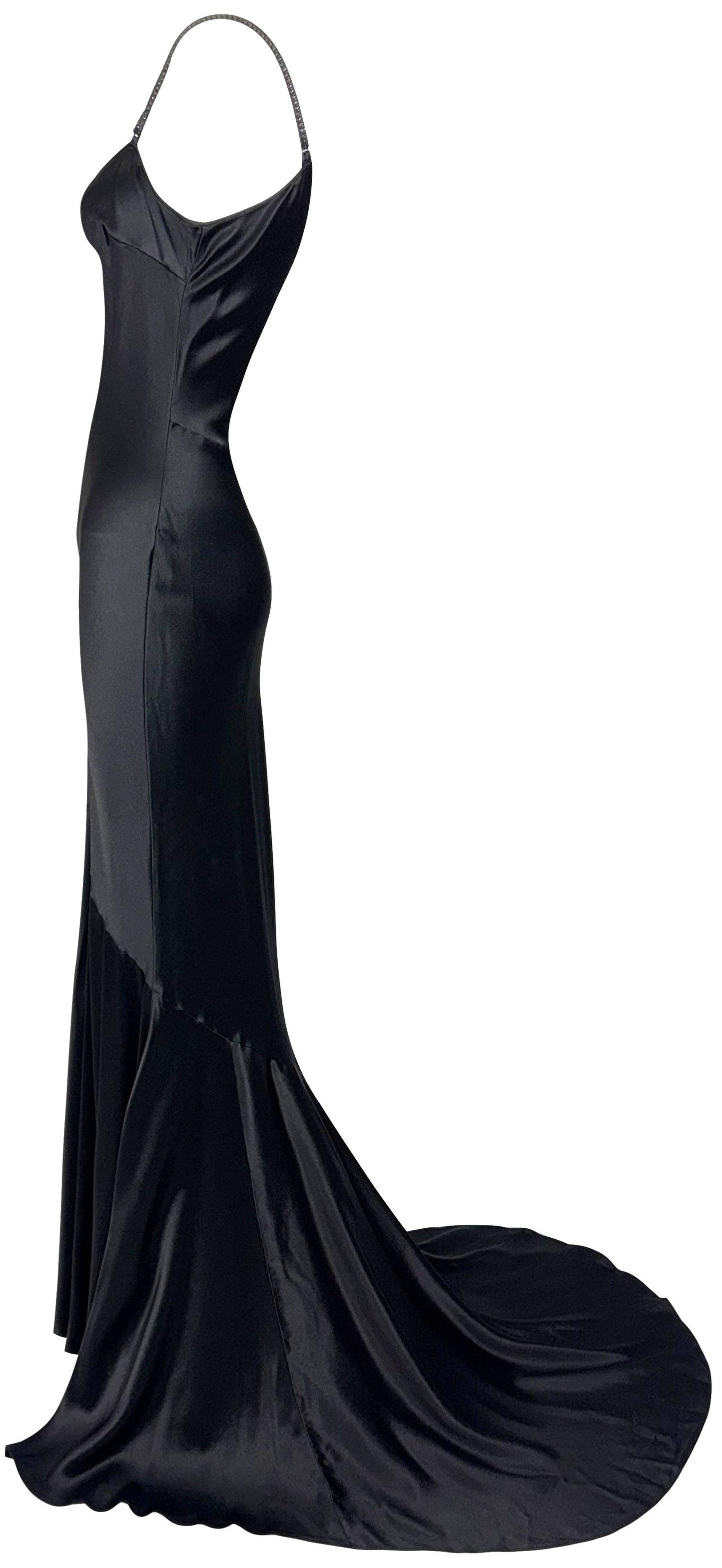 S/S 2003 John Galliano Black Satin Crystal Straps Mermaid Gown Dress w Train