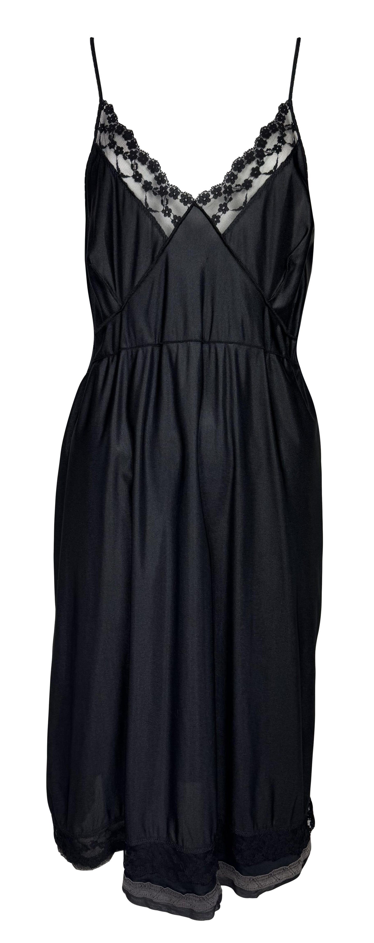 S/S 2003 Maison Martin Margiela Artisanal Runway Plunging Black Lace Trim Slip Dress