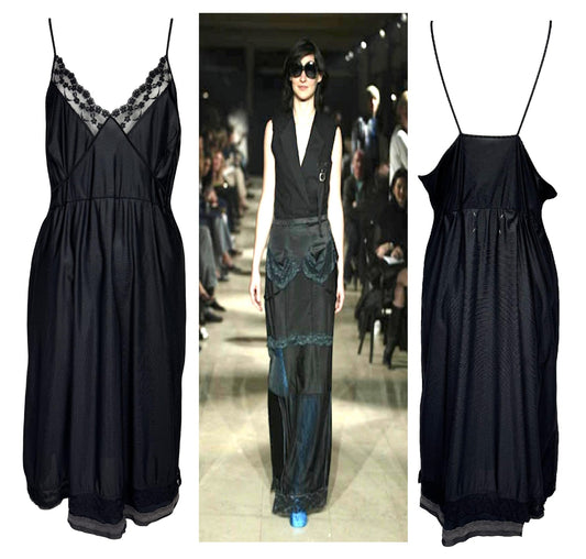 S/S 2003 Maison Martin Margiela Artisanal Runway Plunging Black Lace Trim Slip Dress