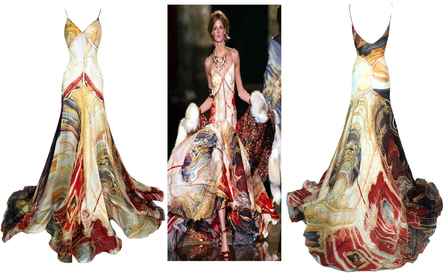 S/S 2003 Roberto Cavalli Runway Sheer Mesh & Silk Printed Gown Dress w Train