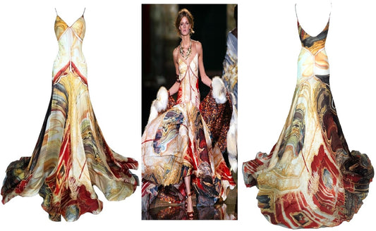 S/S 2003 Roberto Cavalli Runway Sheer Mesh & Silk Printed Gown Dress w Train