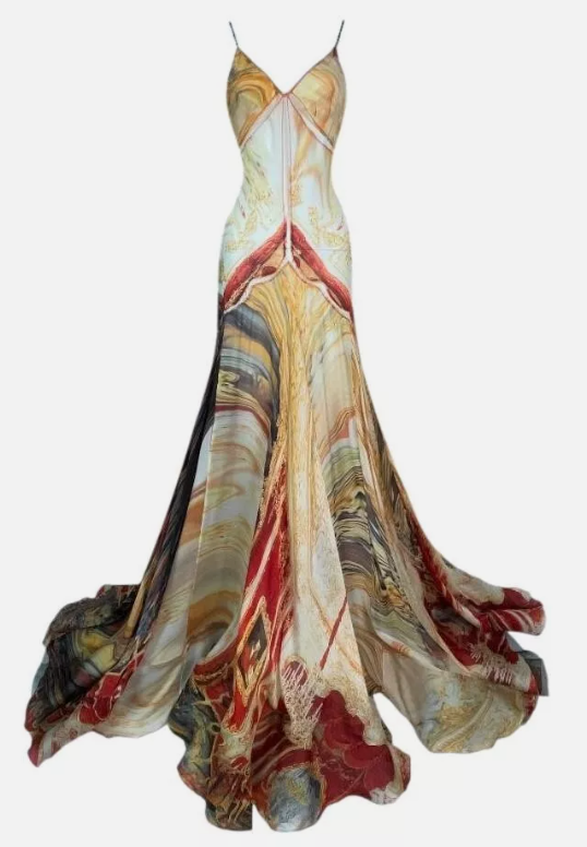 S/S 2003 Roberto Cavalli Runway Sheer Mesh & Silk Print Gown Dress S