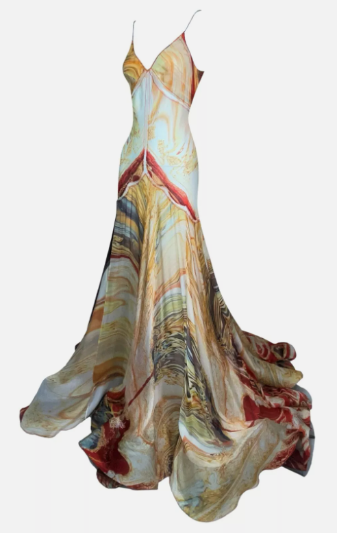S/S 2003 Roberto Cavalli Runway Sheer Mesh & Silk Print Gown Dress S