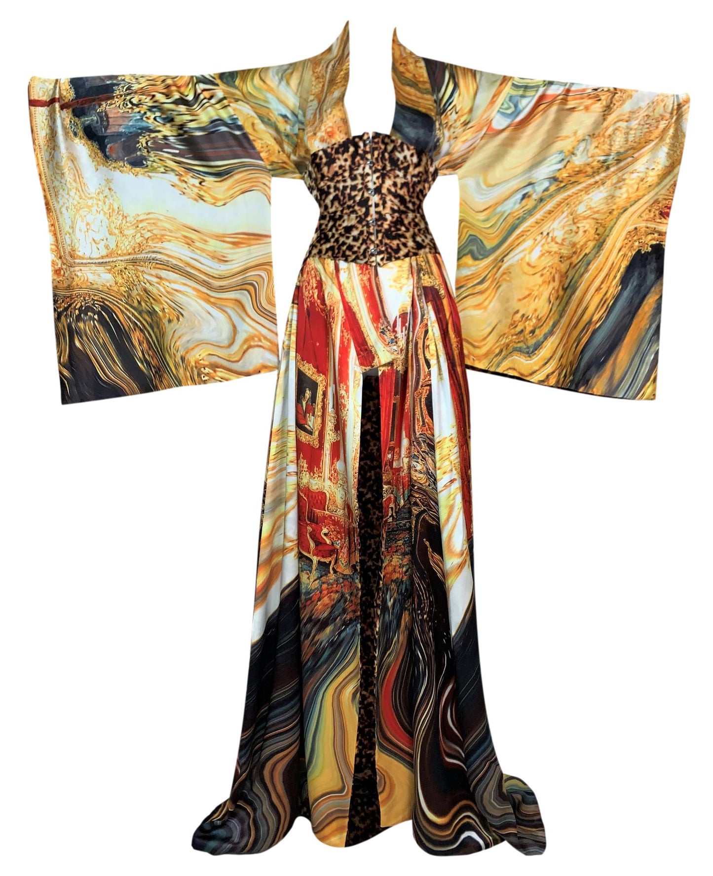 EXTREMELY RARE S/S 2003 Roberto Cavalli Extra Long Silk Reversible Kimono Dress Gown w Corset