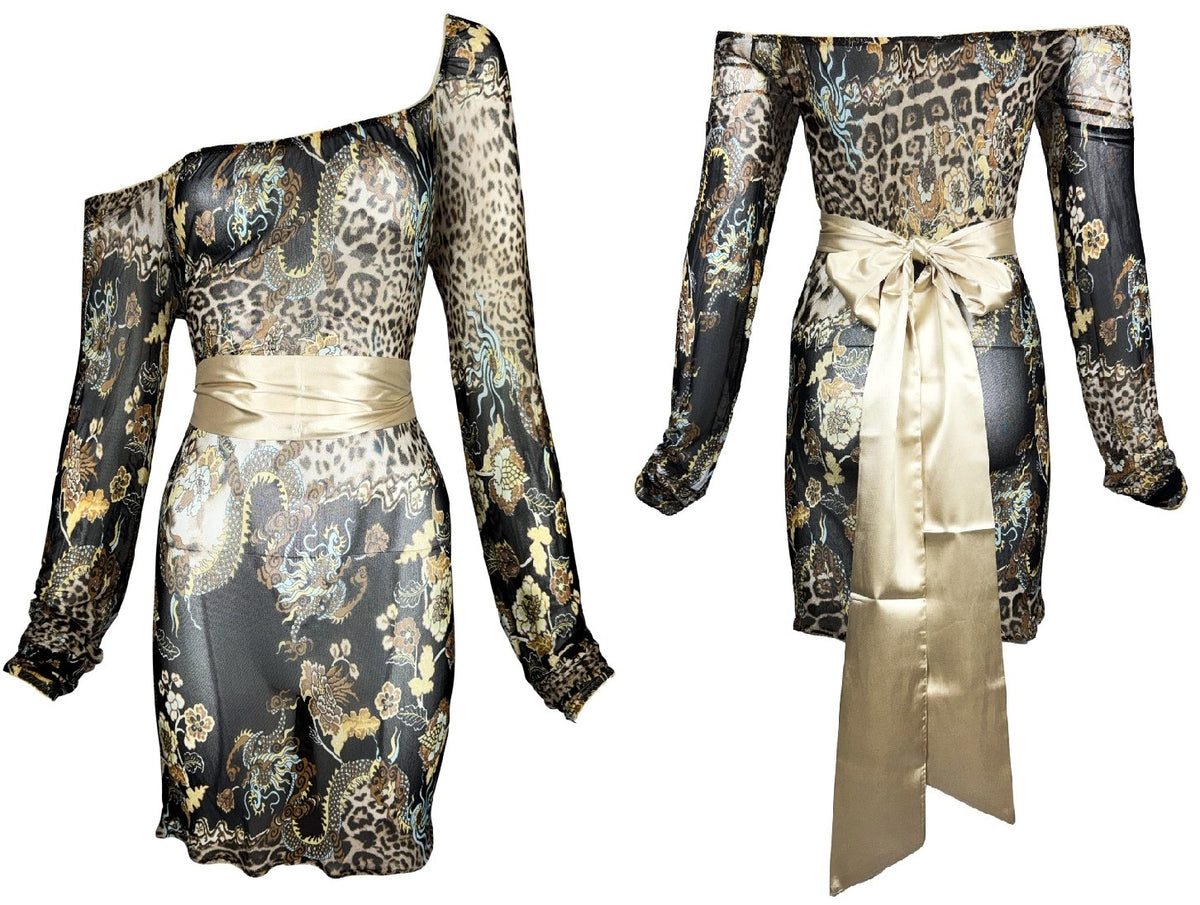 S/S 2003 Robert Cavalli Chinoiserie Dragon Print Off Shoulder Sheer Black Mesh L/S Mini Dress