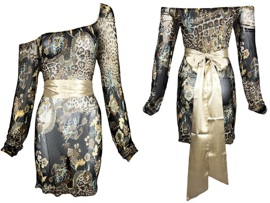 S/S 2003 Robert Cavalli Chinoiserie Dragon Print Off Shoulder Sheer Black Mesh L/S Mini Dress