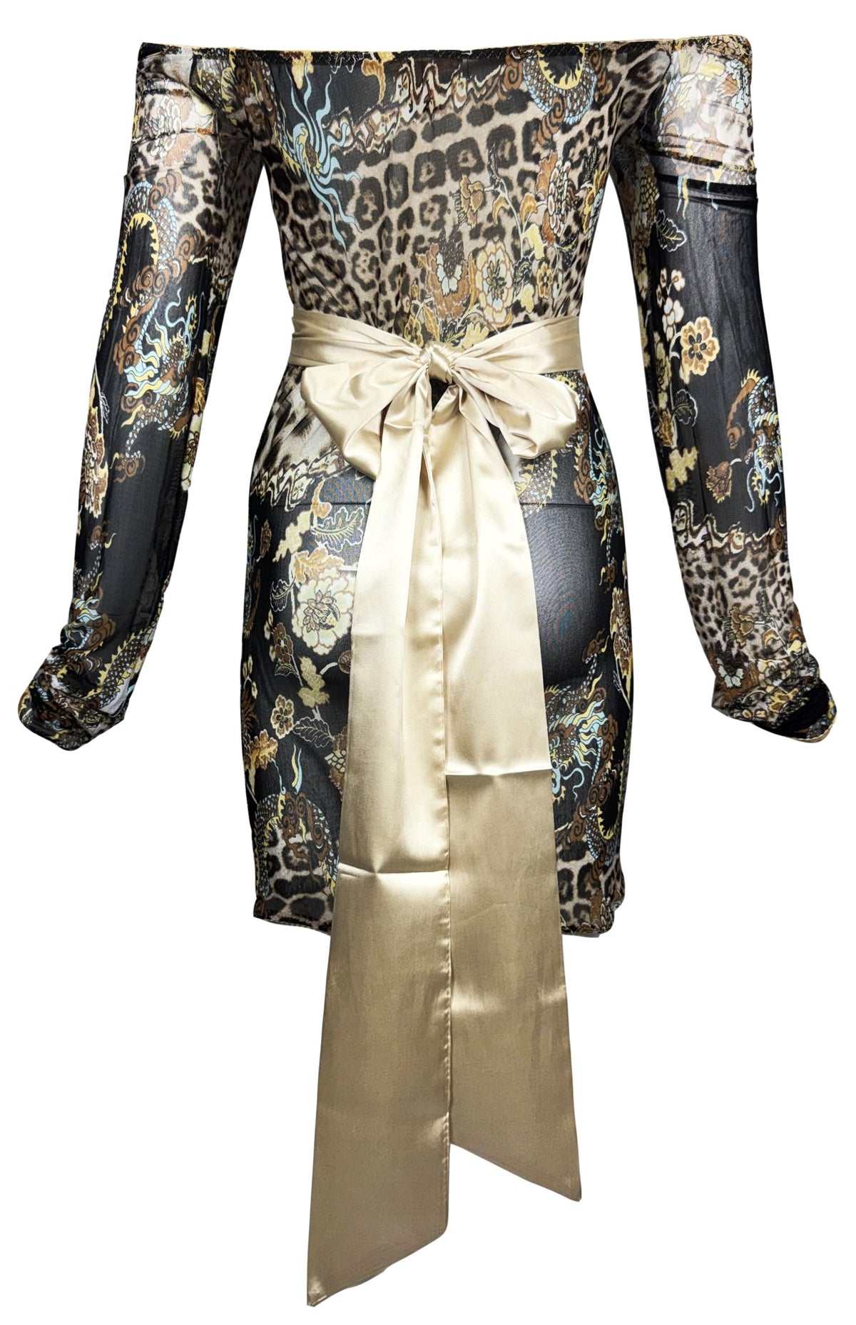 S/S 2003 Robert Cavalli Chinoiserie Dragon Print Off Shoulder Sheer Black Mesh L/S Mini Dress