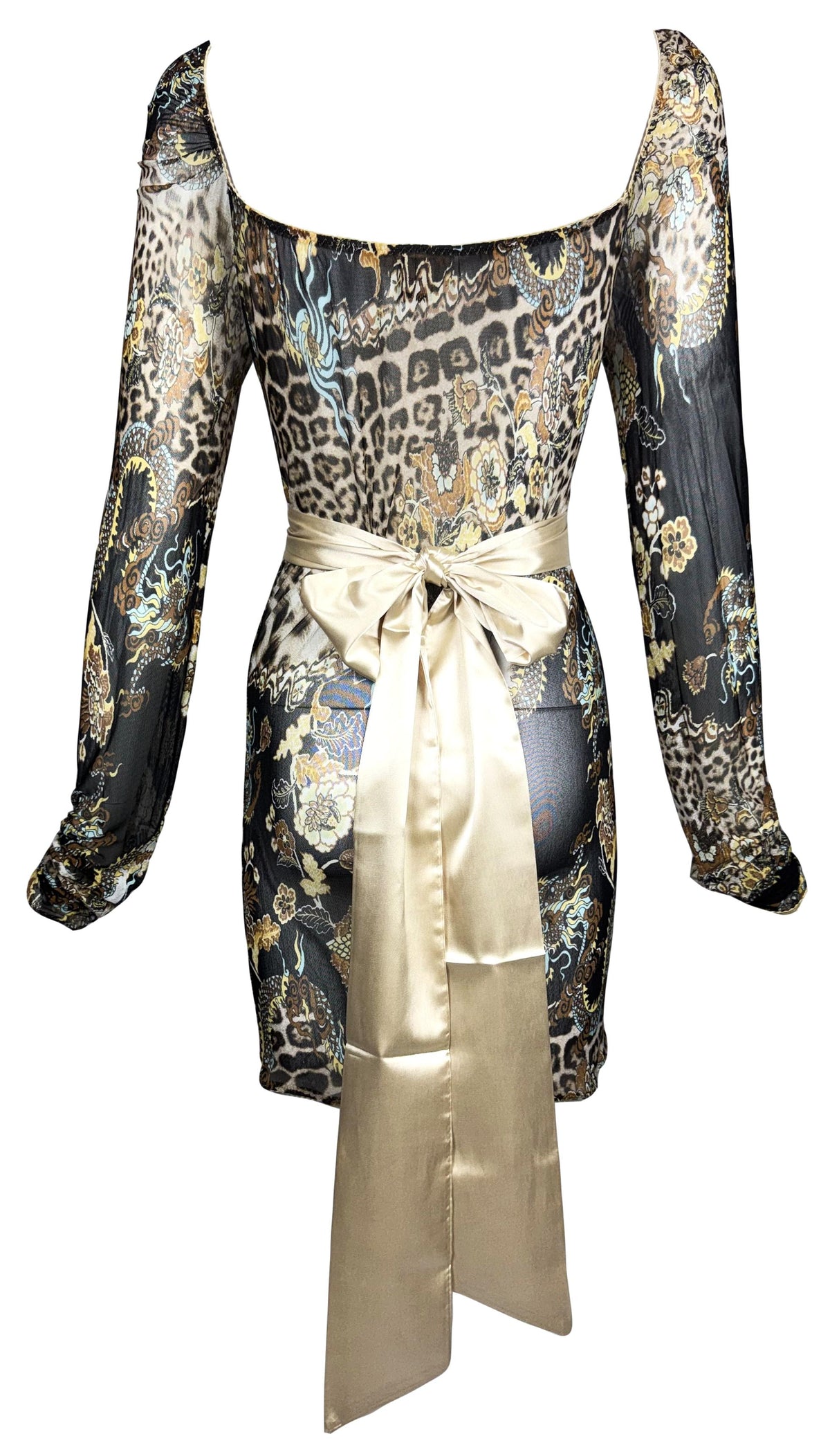 S/S 2003 Robert Cavalli Chinoiserie Dragon Print Off Shoulder Sheer Black Mesh L/S Mini Dress