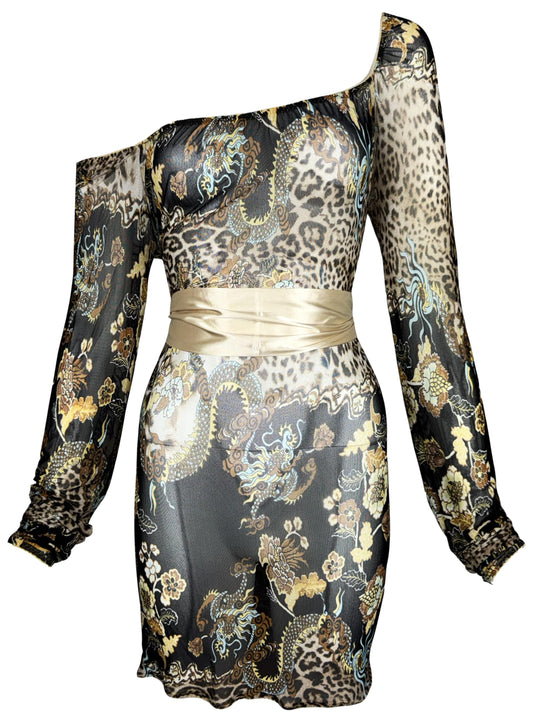 S/S 2003 Robert Cavalli Chinoiserie Dragon Print Off Shoulder Sheer Black Mesh L/S Mini Dress