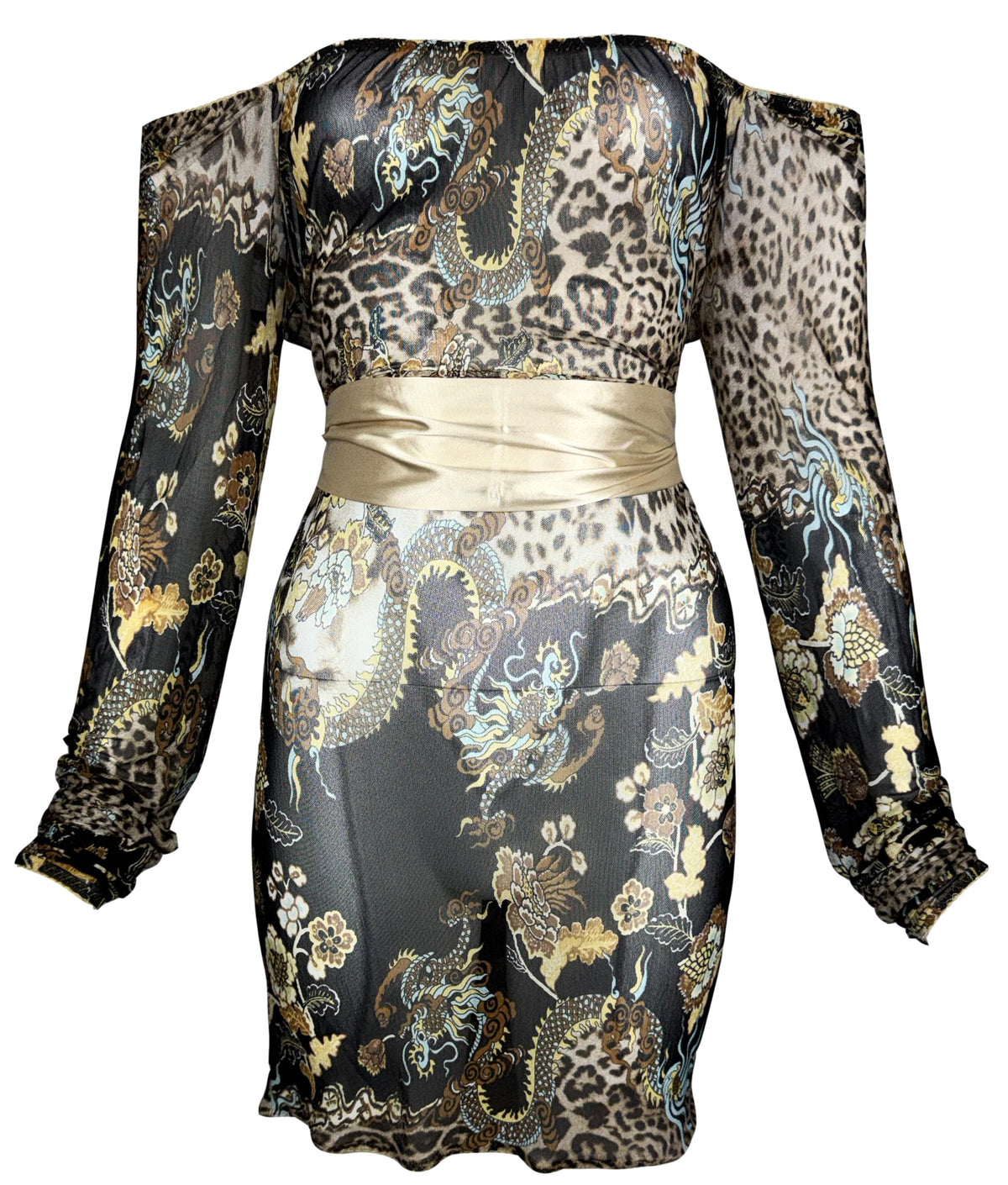 S/S 2003 Robert Cavalli Chinoiserie Dragon Print Off Shoulder Sheer Black Mesh L/S Mini Dress