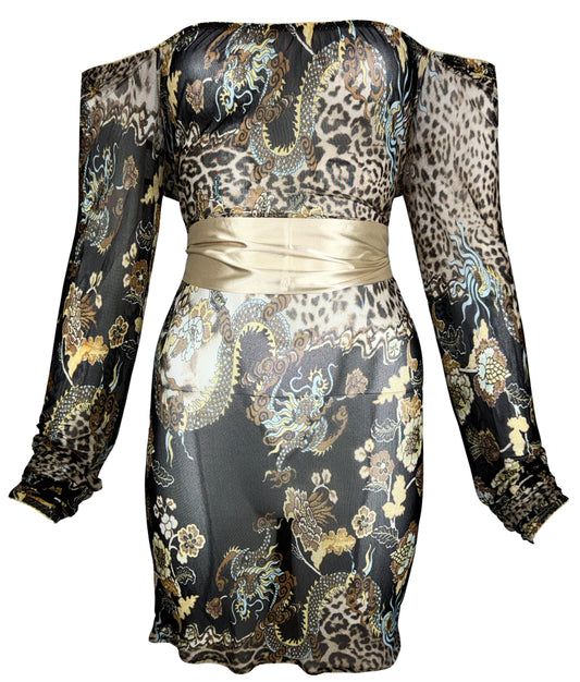S/S 2003 Robert Cavalli Chinoiserie Dragon Print Off Shoulder Sheer Black Mesh L/S Mini Dress