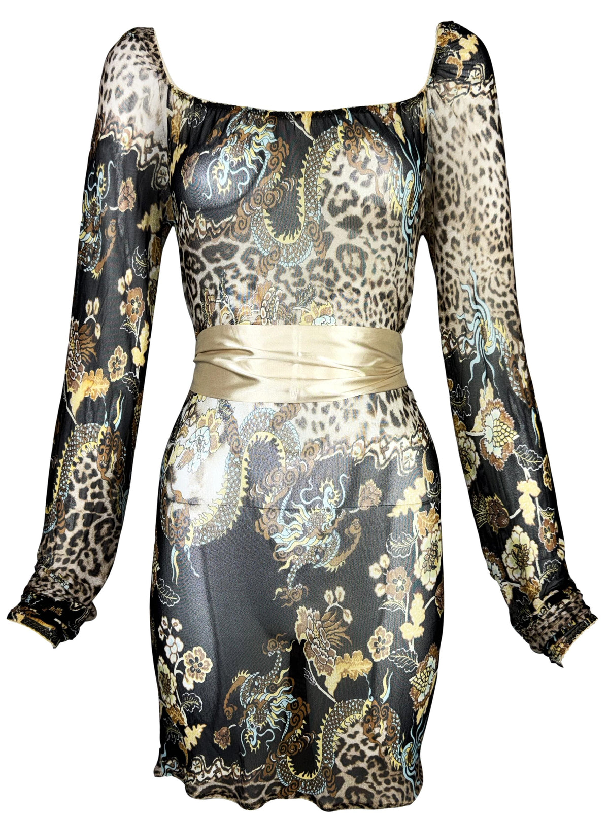 S/S 2003 Robert Cavalli Chinoiserie Dragon Print Off Shoulder Sheer Black Mesh L/S Mini Dress