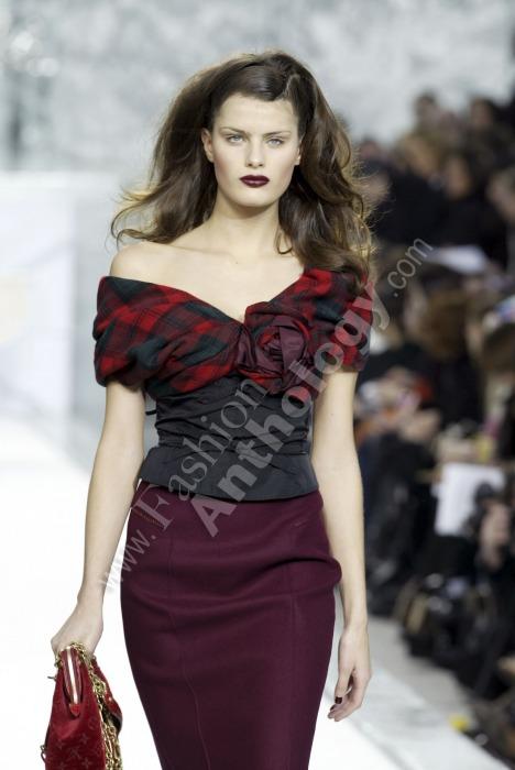 F/W 2004 Louis Vuitton by Marc Jacobs Runway Red Plaid Tartan Rose Off Shoulder Crop Top