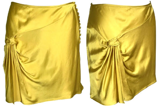S/S 2004 Christian Dior by John Galliano 1940's Style Gold Satin Ruched Slit Mini Skirt