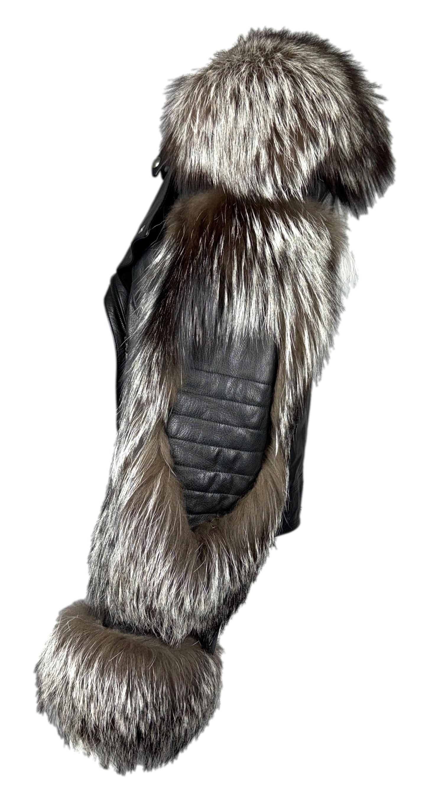2004 Christian Dior by John Galliano Black Leather Fox Fur Metal Plate Biker Motorcycle Jacket
