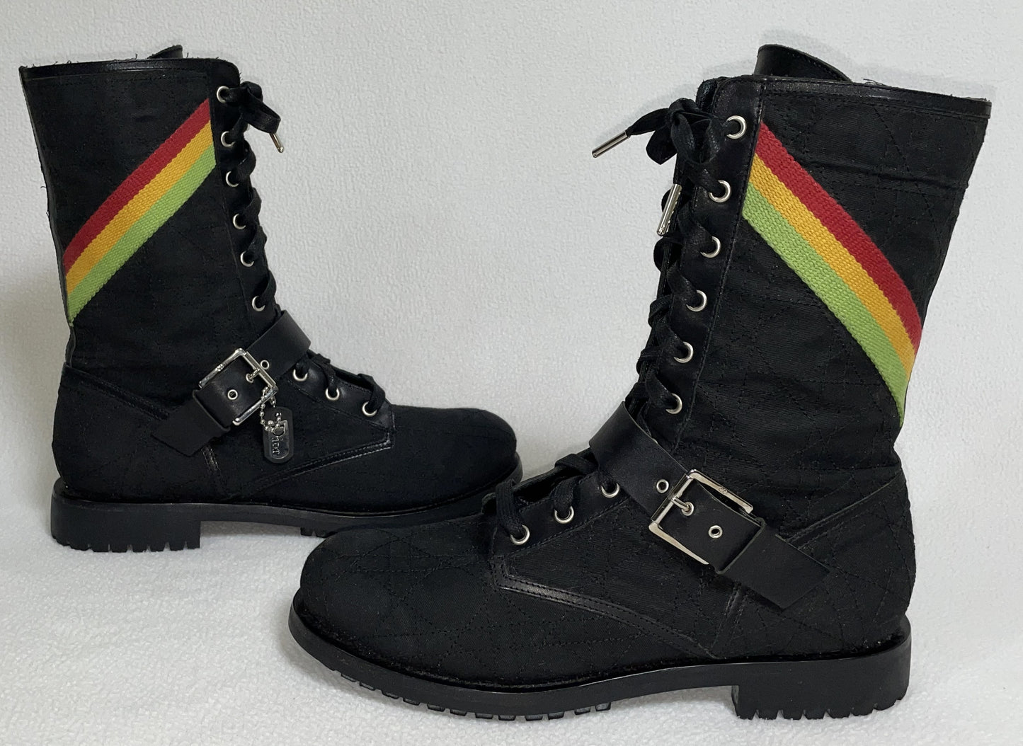 2004 Christian Dior by John Galliano Rasta Black Combat Boots Dog Tag Buckles