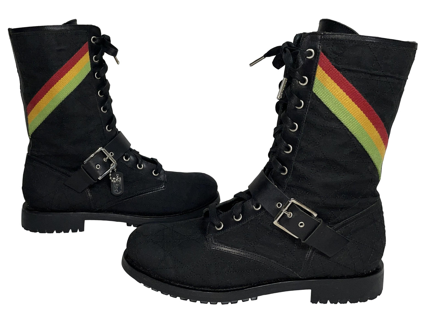 2004 Christian Dior x John Galliano Black Rasta Combat Boots Dog Tag & Buckles 41/10