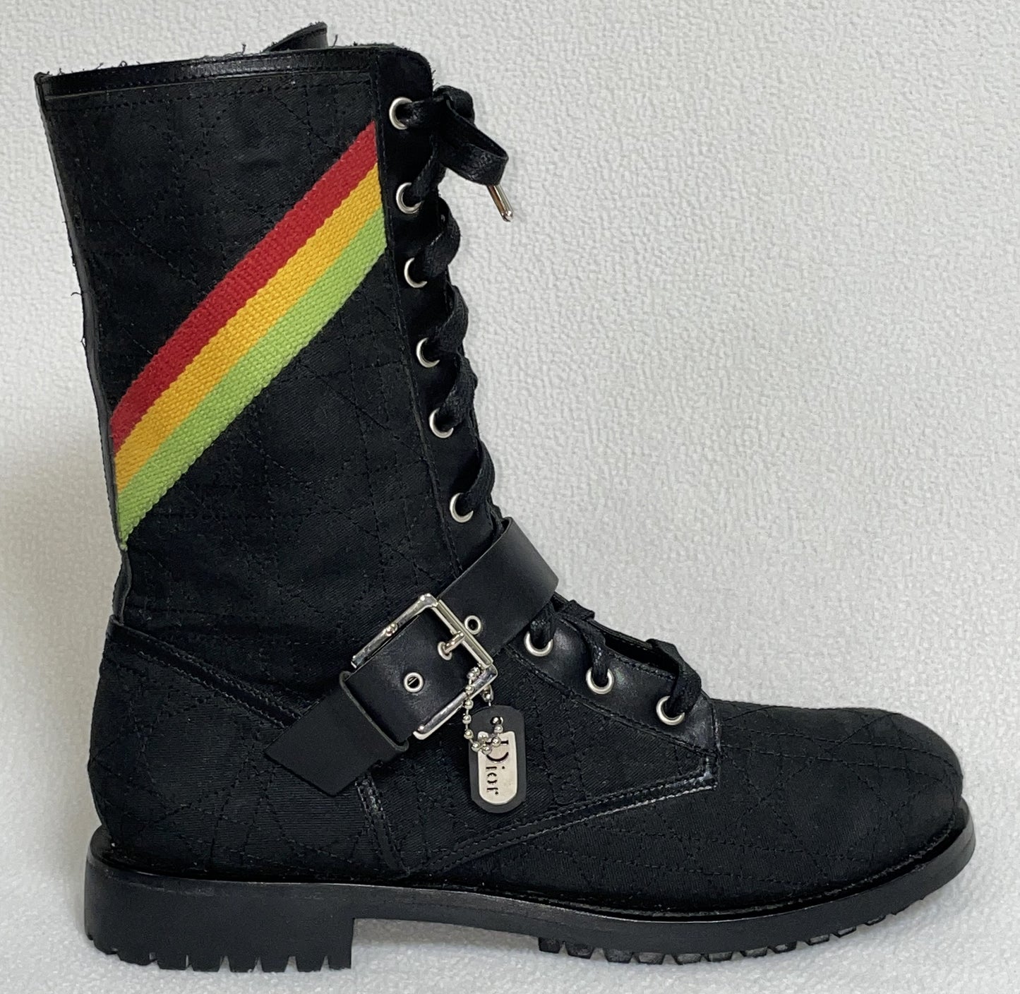 2004 Christian Dior by John Galliano Rasta Black Combat Boots Dog Tag Buckles