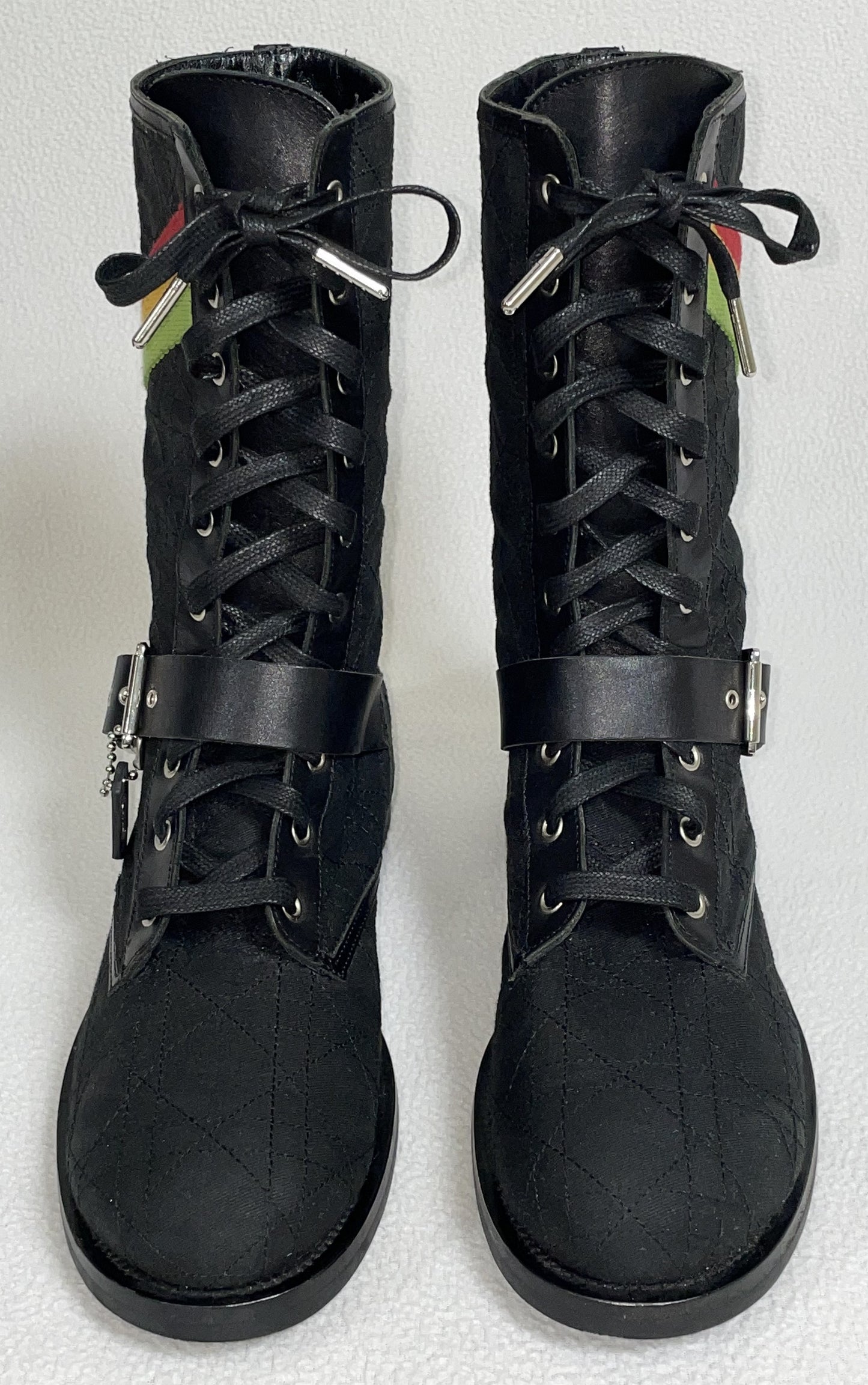 2004 Christian Dior by John Galliano Rasta Black Combat Boots Dog Tag Buckles